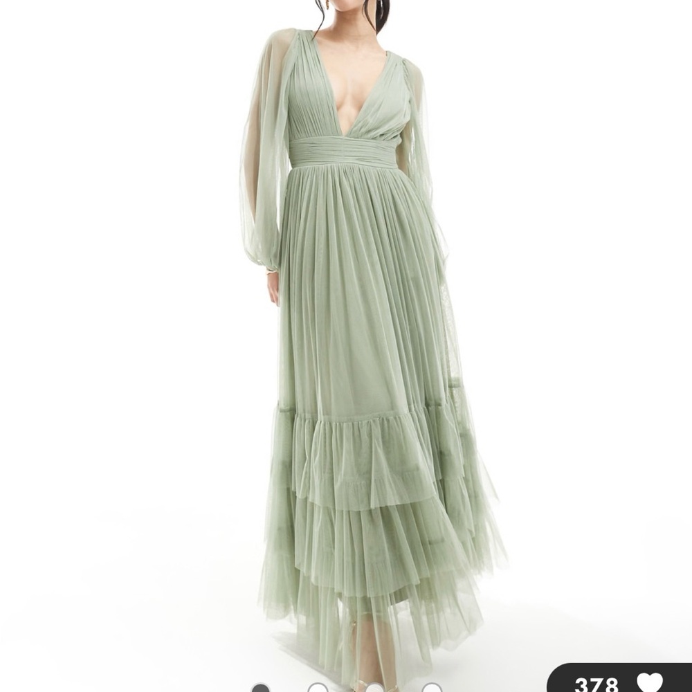 Elegant Green Evening Gown Sage green bridesmaid sheer sleeve dress